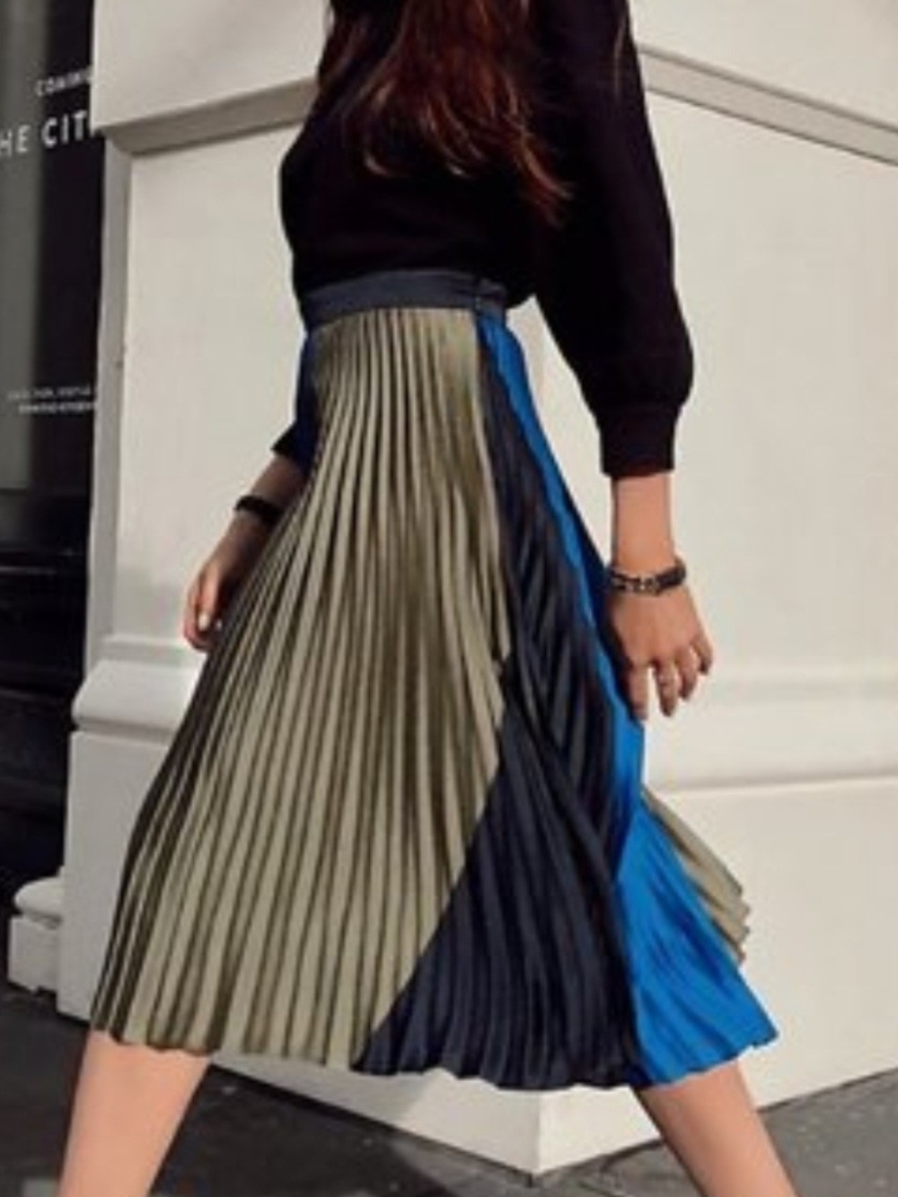 Ann Taylor Pleated Colorblock Midi Skirt — Blue, Olive & Navy, Sz: 2 New w/o Tag